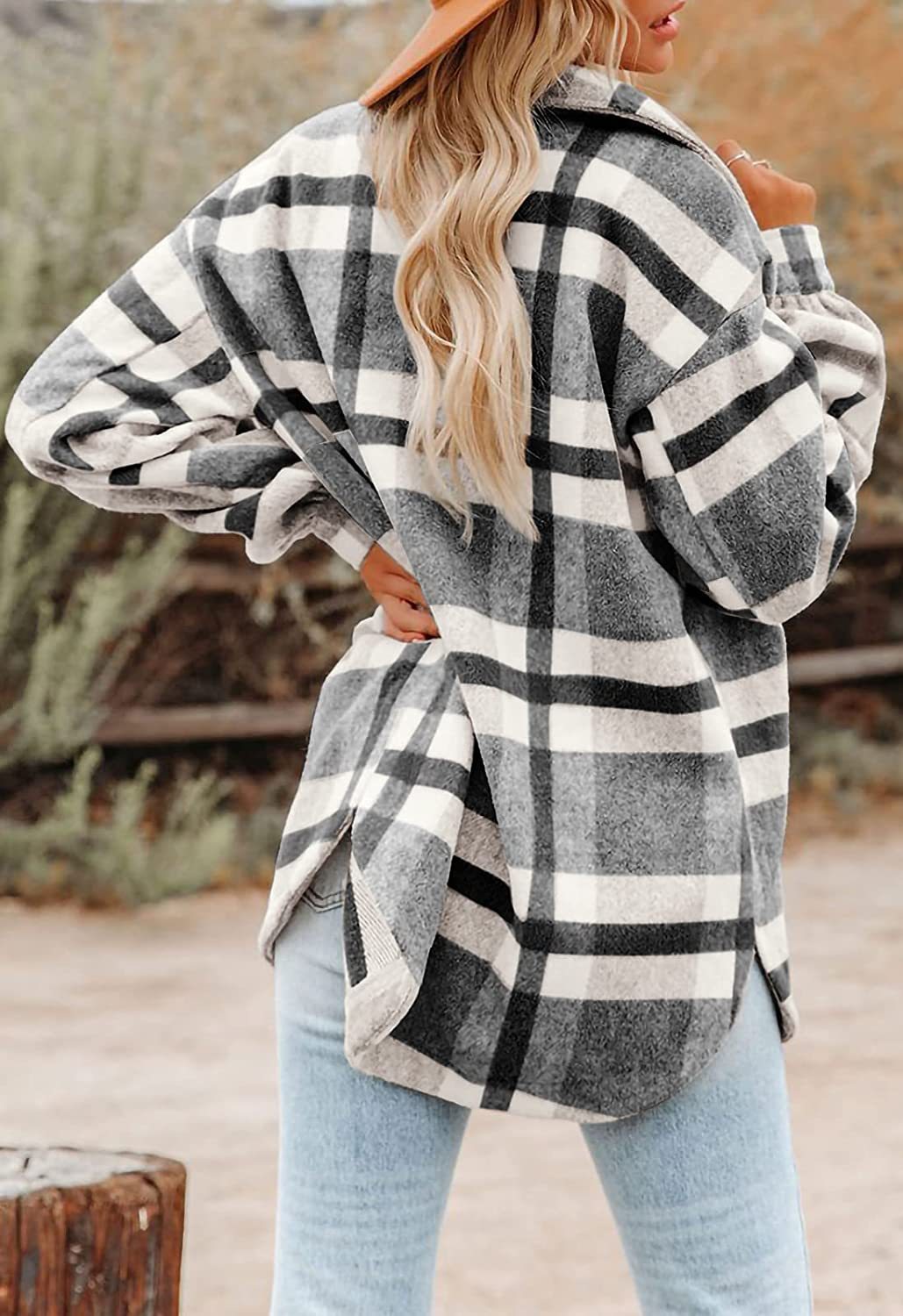 Women Oversize Loose Plaid Jacket with Pocket