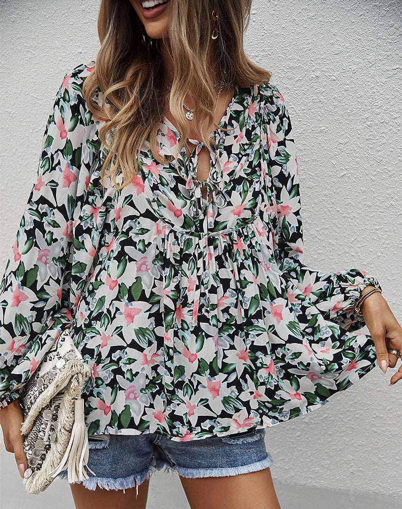 Womens Fall Fashion  Boho Tops Casual Frill Trim Mock Neck Shirts Puff Long Sleeve Blouse Floral Print Top
