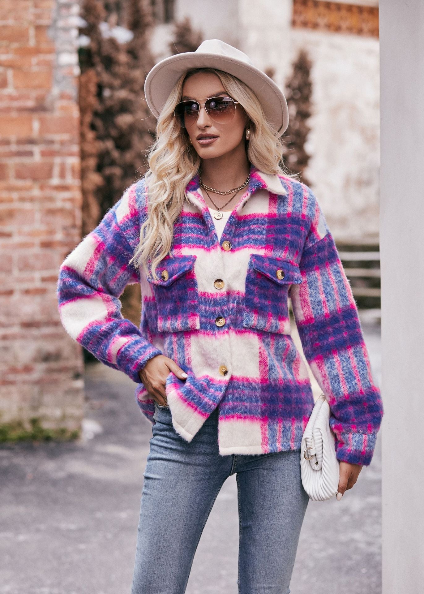 Women Plaid Short Jacket  with Pocket