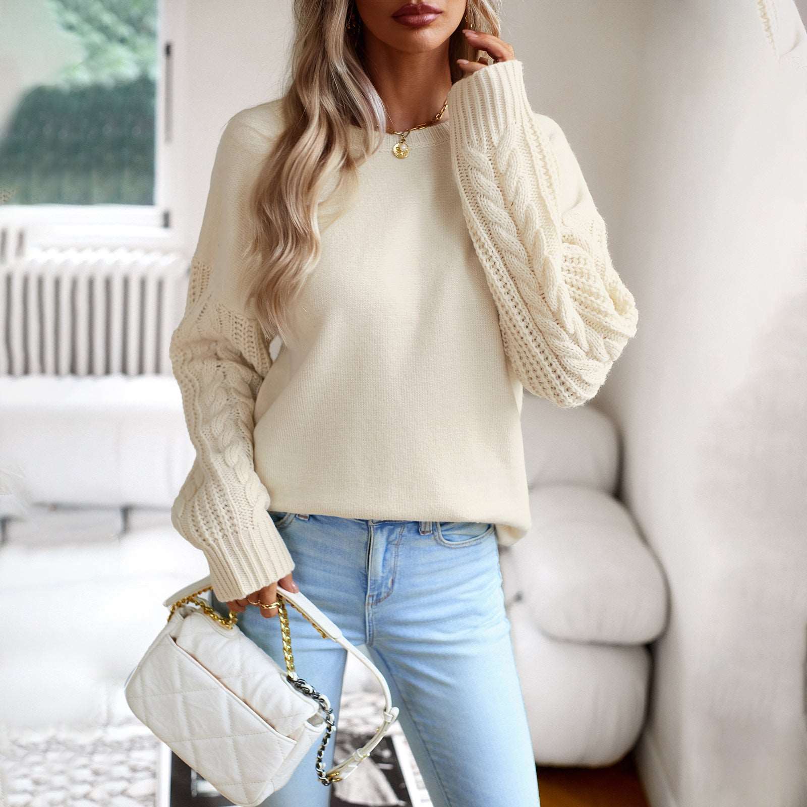 Parchment Chunky Knit Sleeve Drop Shoulder Sweater