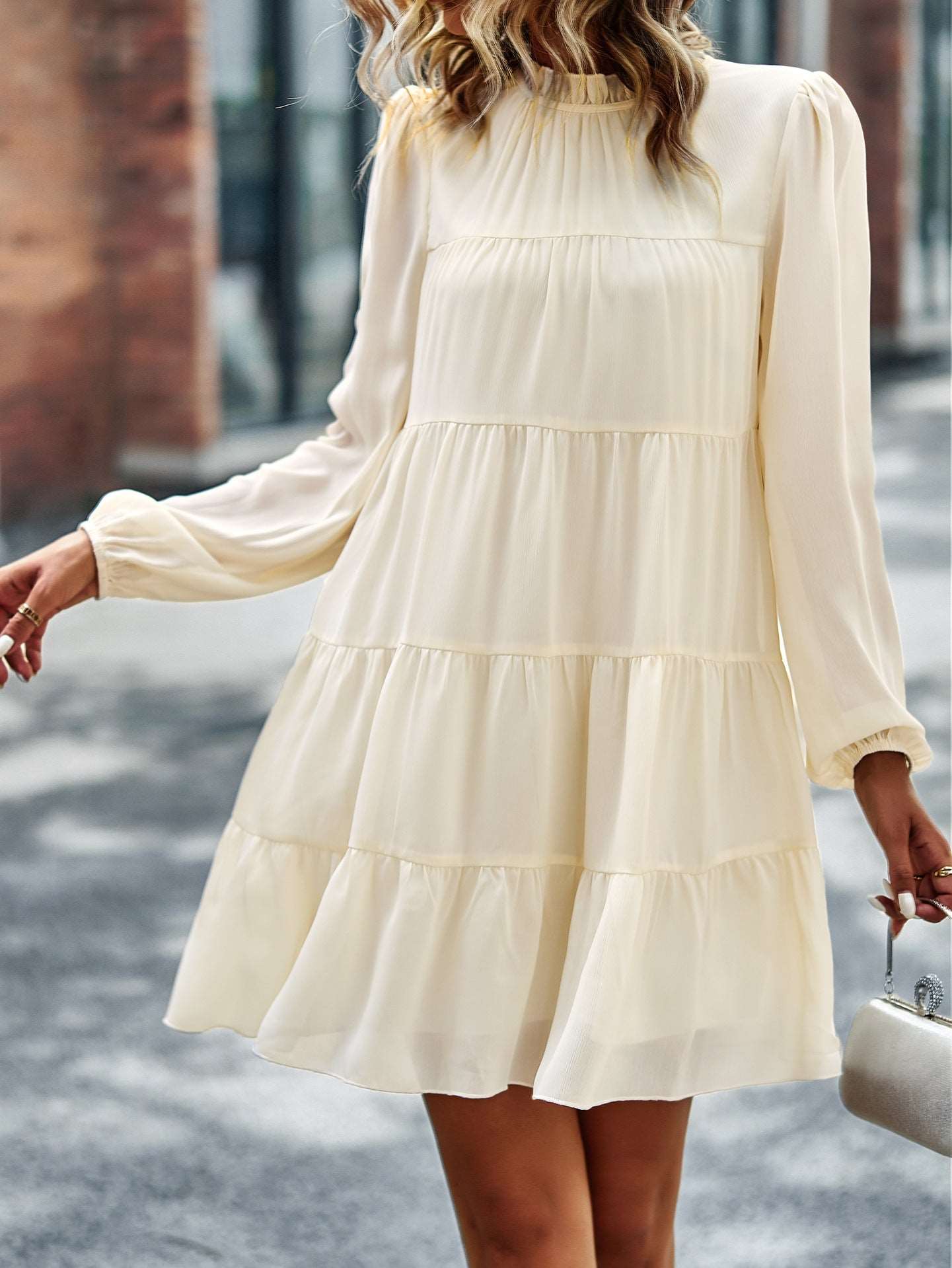 Womens Dress Long Lantern Sleeve Square Neck Tie Backless Sexy Dress Ruffle Elastic Waist A-Line Mini Dress