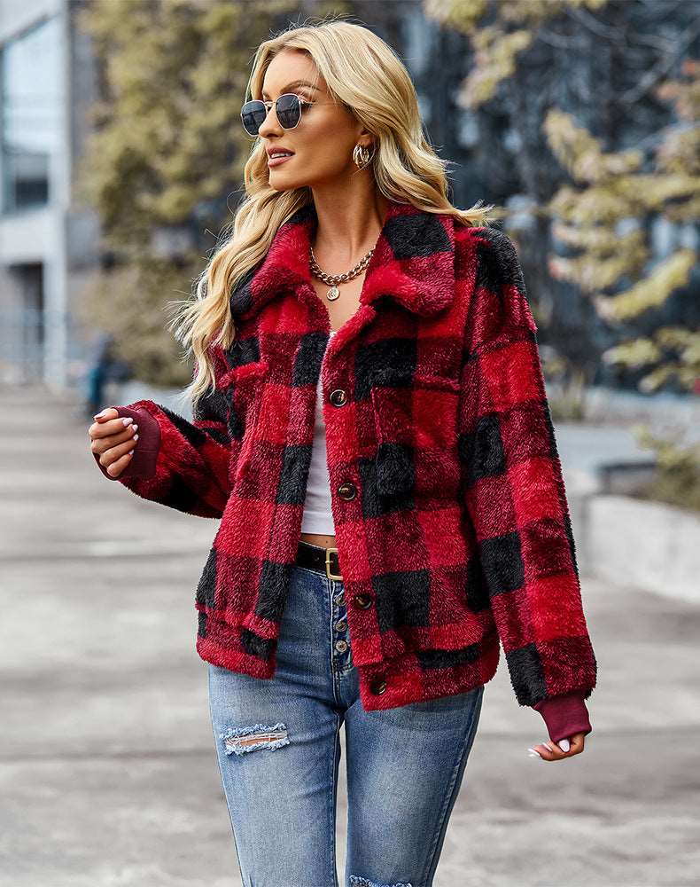Womens Casual Plaid Shackets Brushed Flannel Button Down Pocketed Shirt Jacket Coats