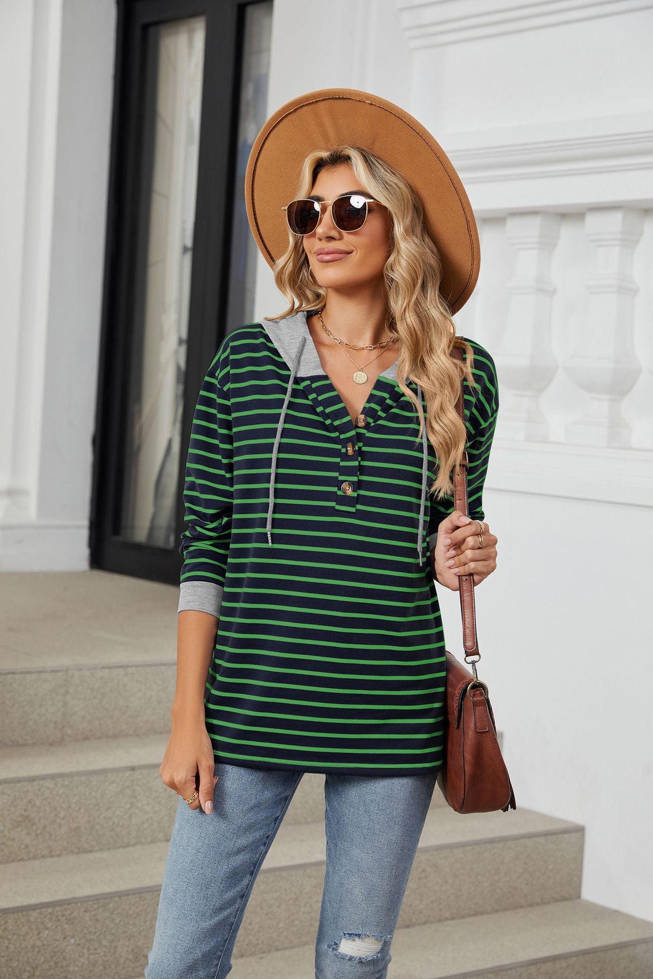 Womens Striped Hoodies Jumper Drawstring Tops