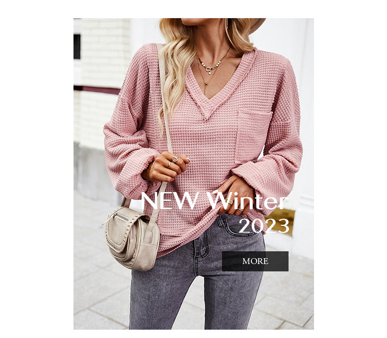 Women's Casual V Neck Ribbed Knitted Shirts Pullover Tunic Tops Loose Balloon Sleeve Solid Color Blouses Top