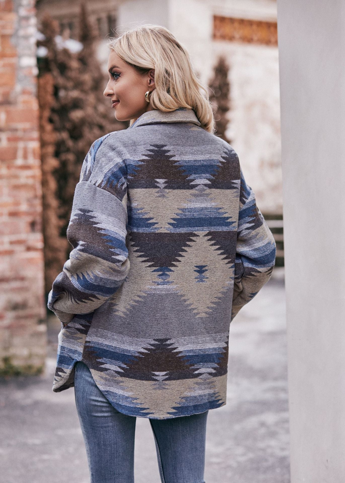 Women's AZTEC Geometric Jacket Shirt Lapel Woolen Jacket