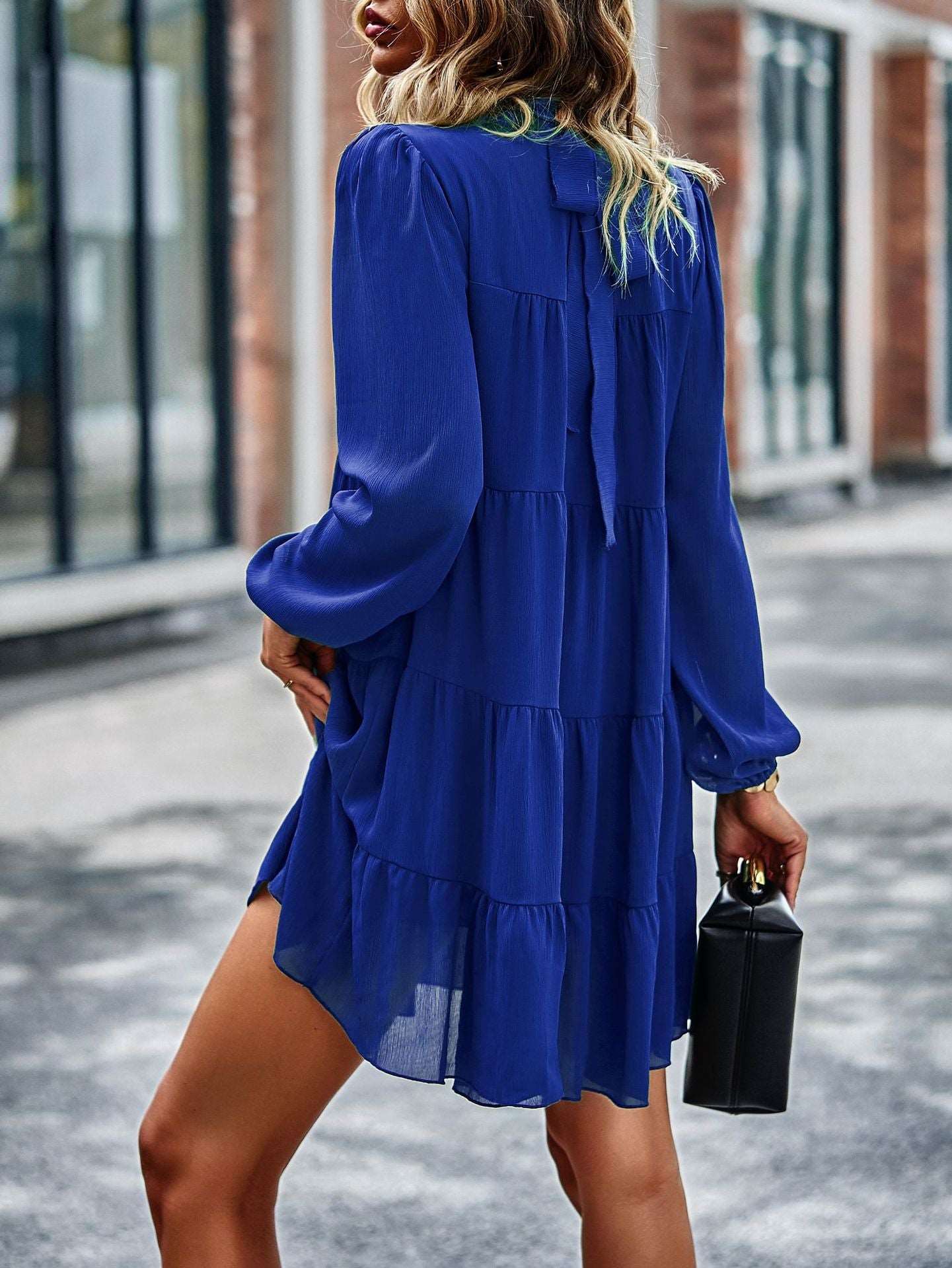 Womens Dress Long Lantern Sleeve Square Neck Tie Backless Sexy Dress Ruffle Elastic Waist A-Line Mini Dress