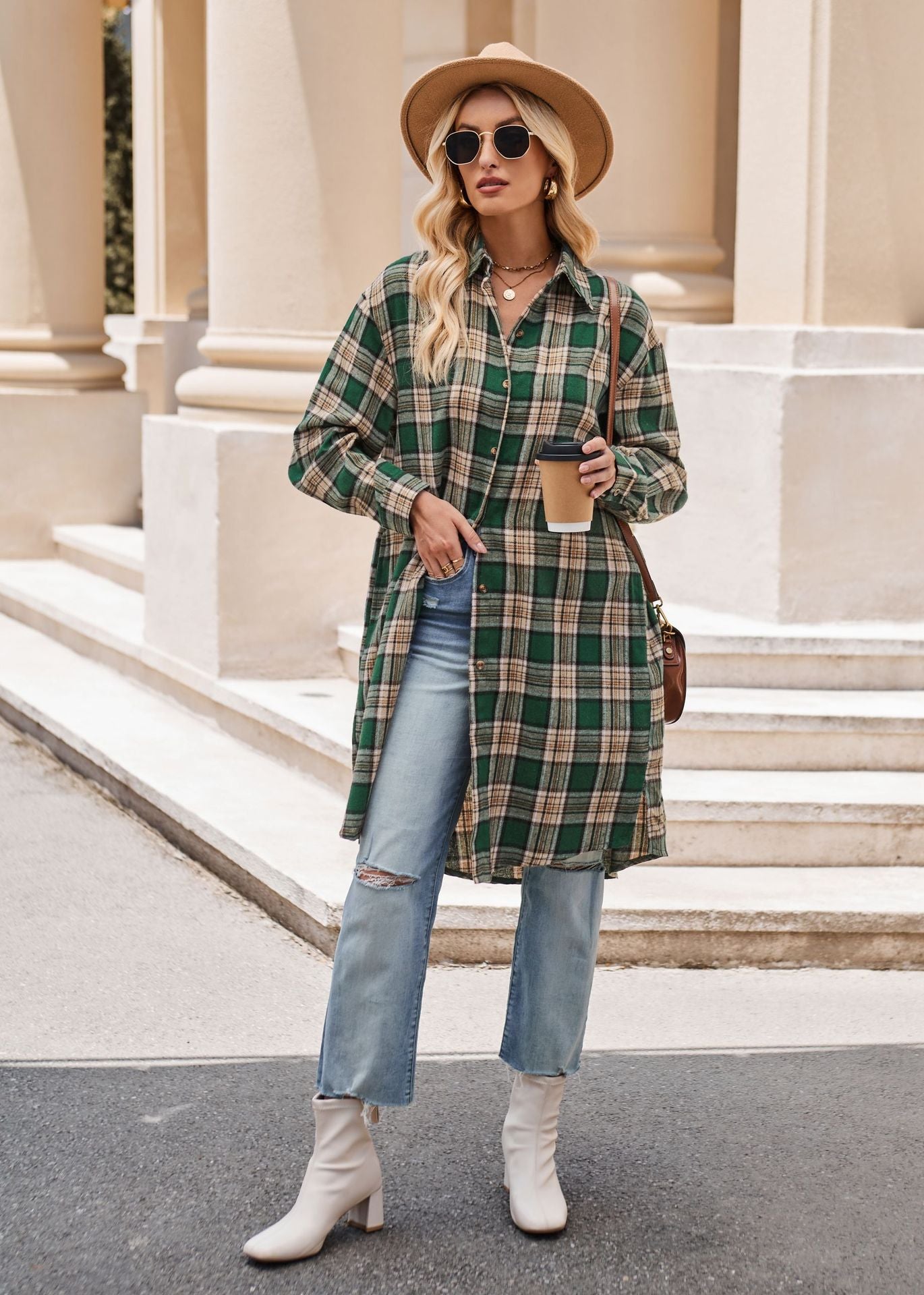 Women Long Trench Coat Plaid Jacket Oversized with Pocket