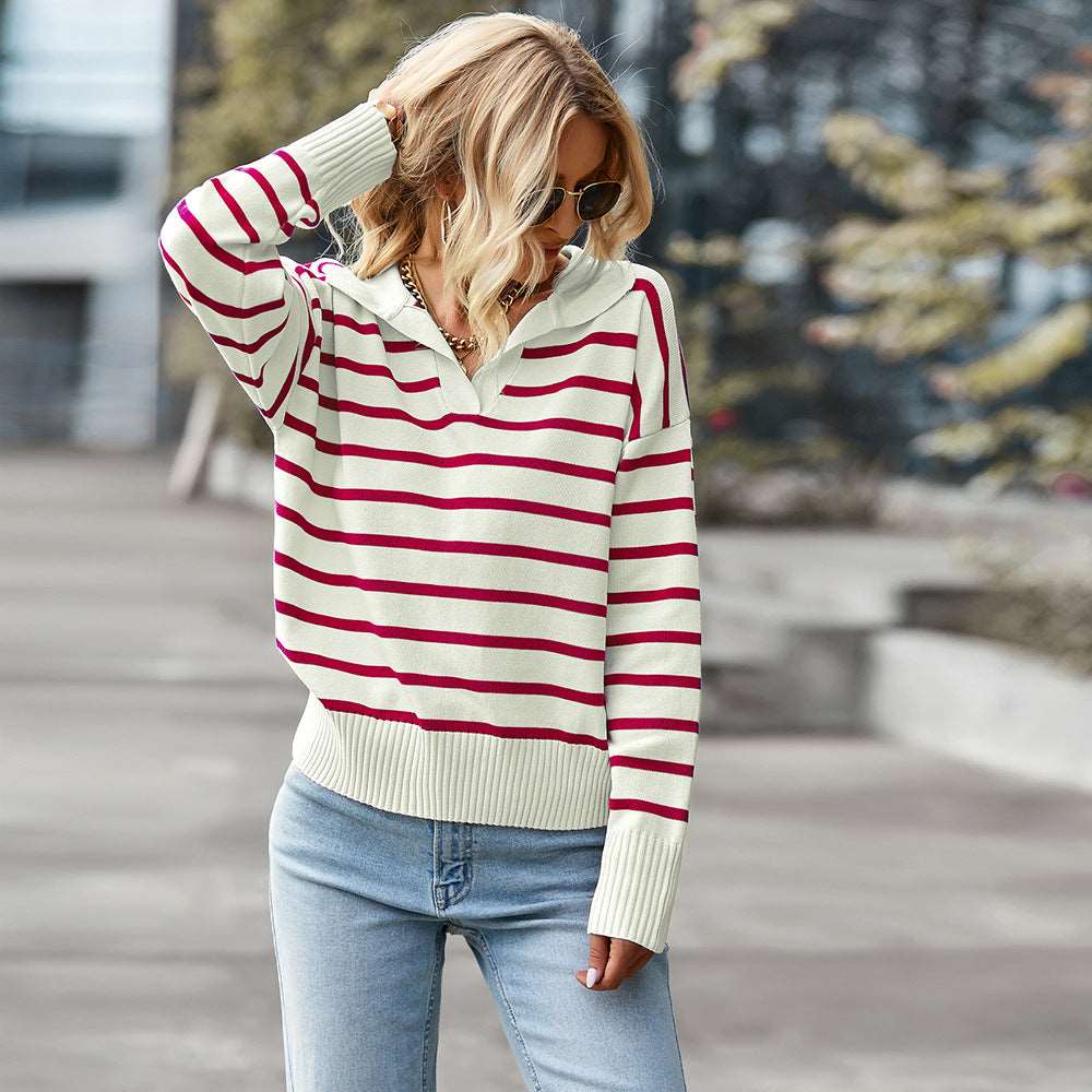 Women's knitted striped sweater lapel casual top