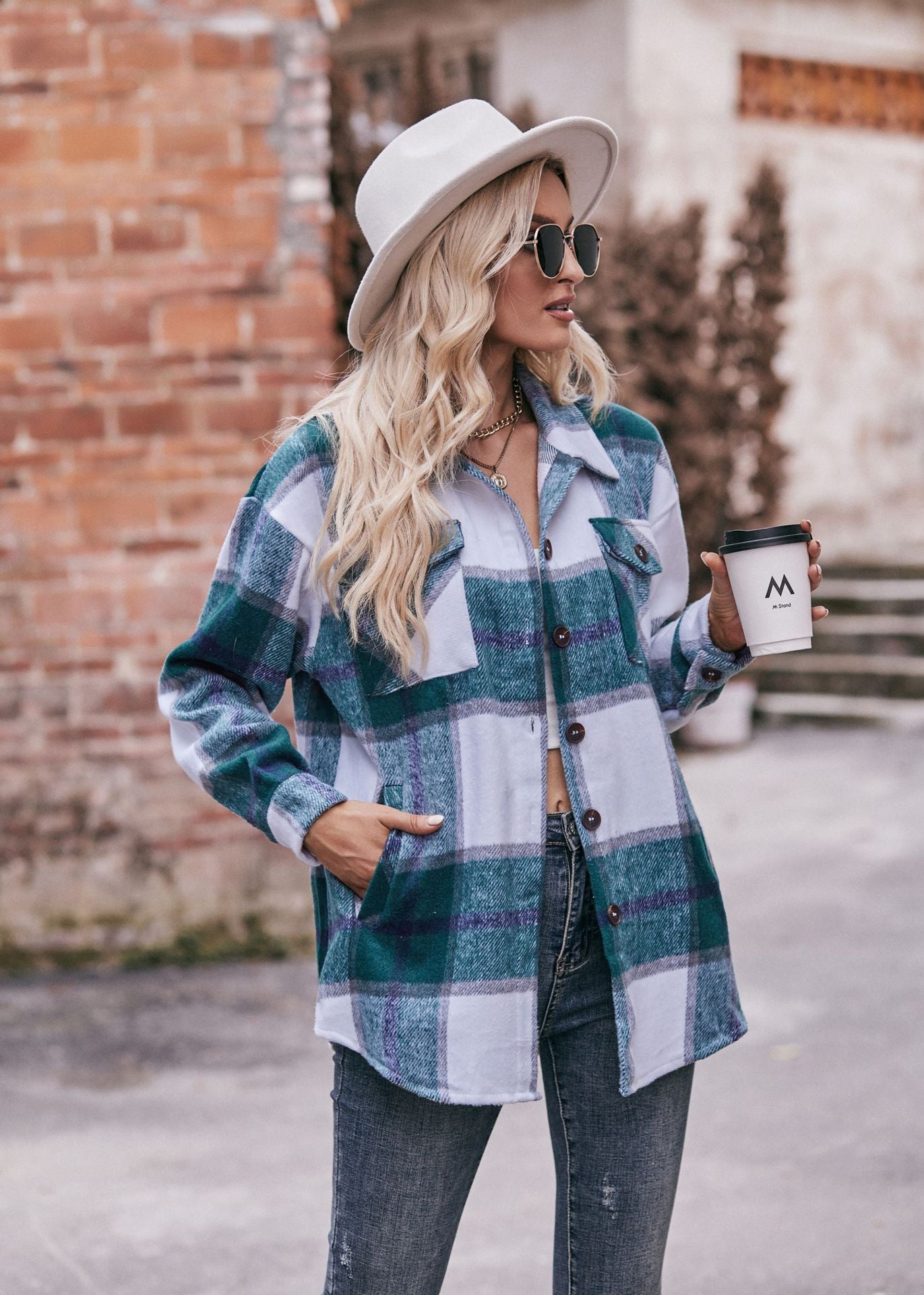 Women's Fall and Winter New Cross-border Women's Plaid Jacket Casual Loose Pocket Shirt