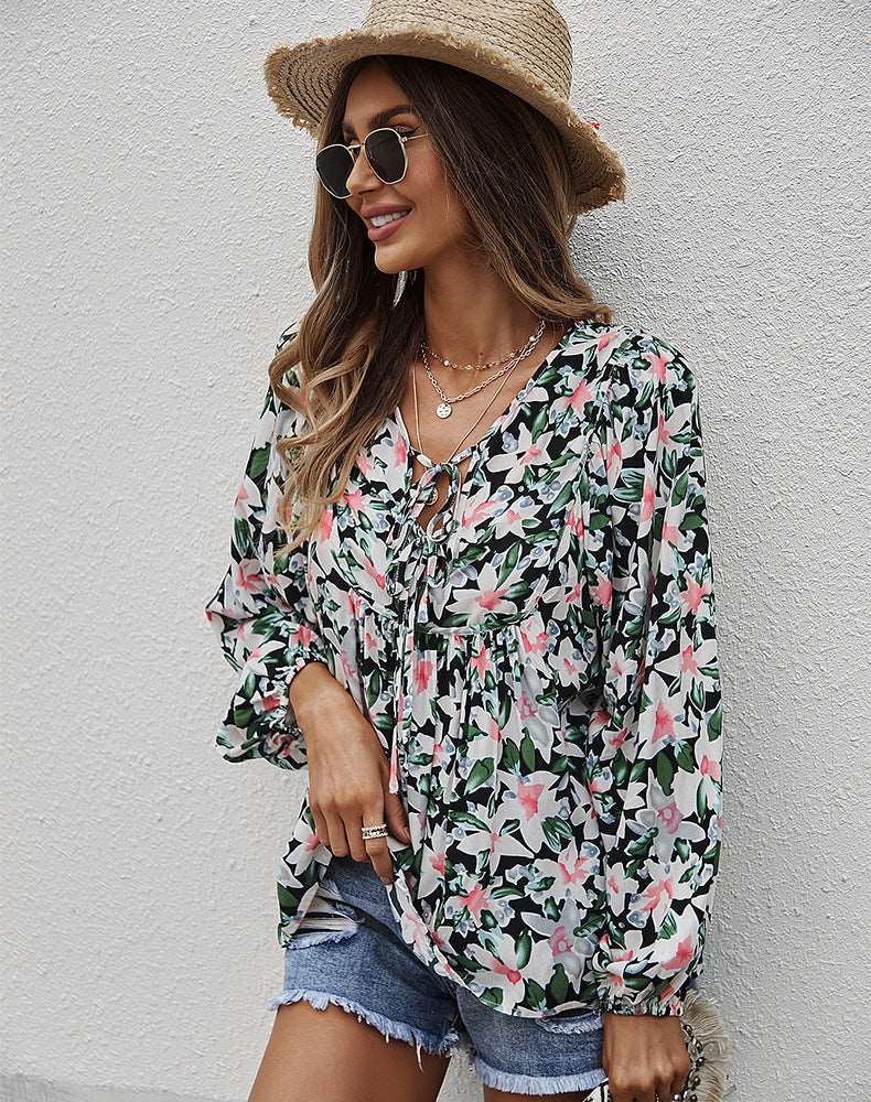Womens Fall Fashion  Boho Tops Casual Frill Trim Mock Neck Shirts Puff Long Sleeve Blouse Floral Print Top