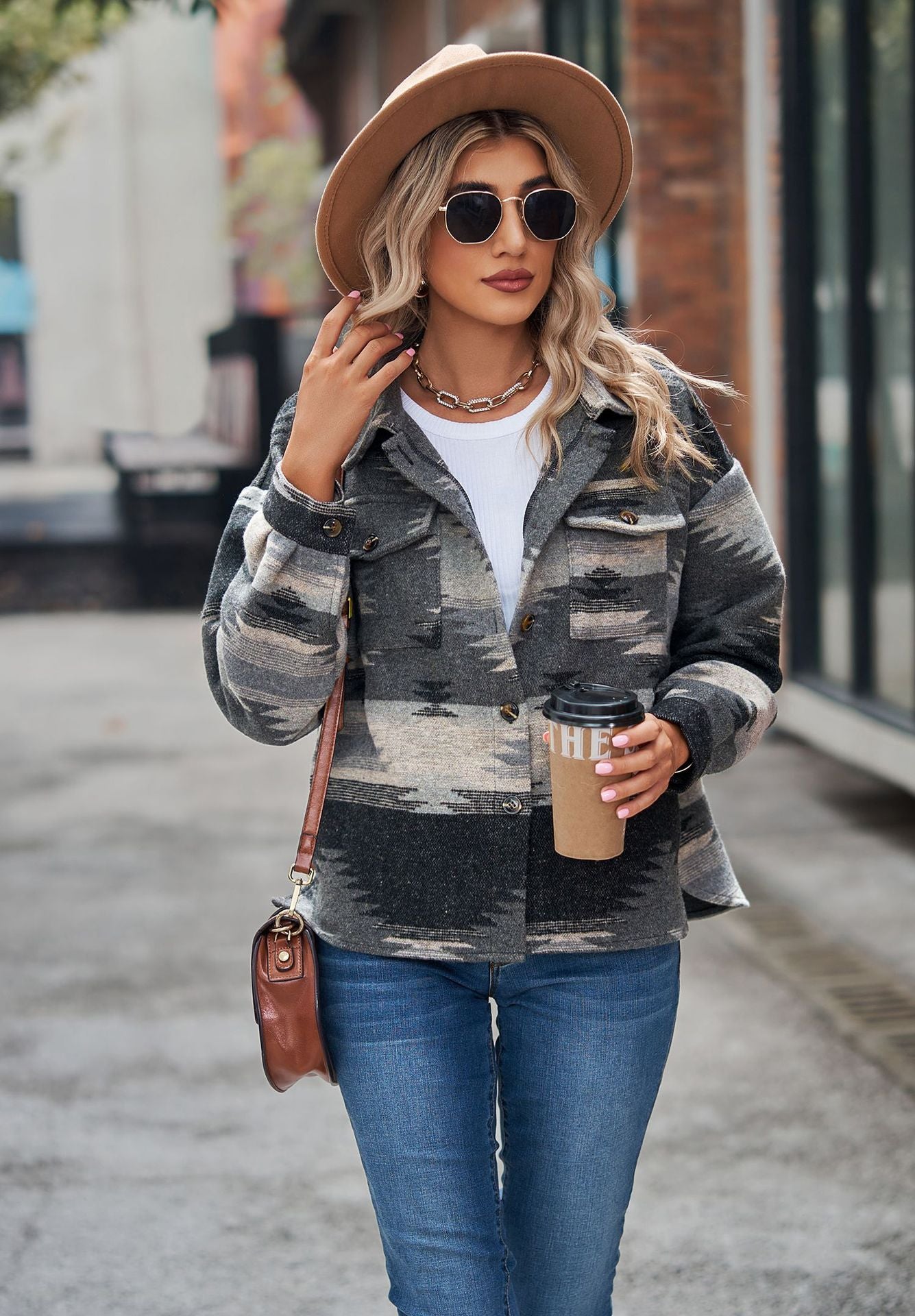 Casual Aztec Print Button Down Woolen Long Sleeve Jacket Coat