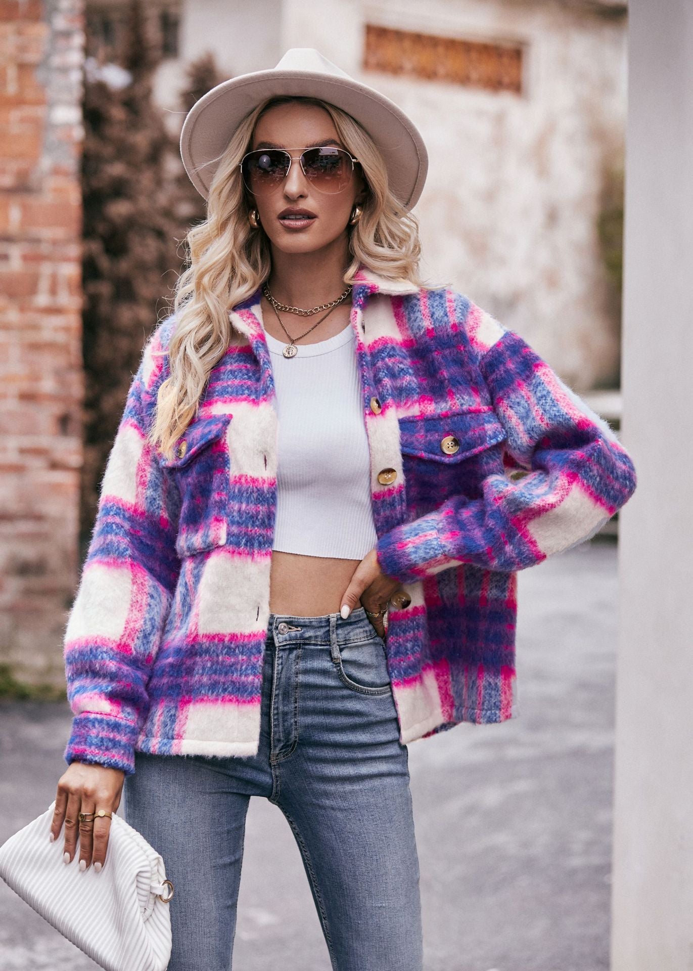 Women Plaid Short Jacket  with Pocket
