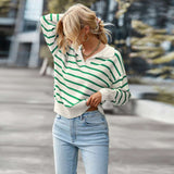 Women's knitted striped sweater lapel casual top