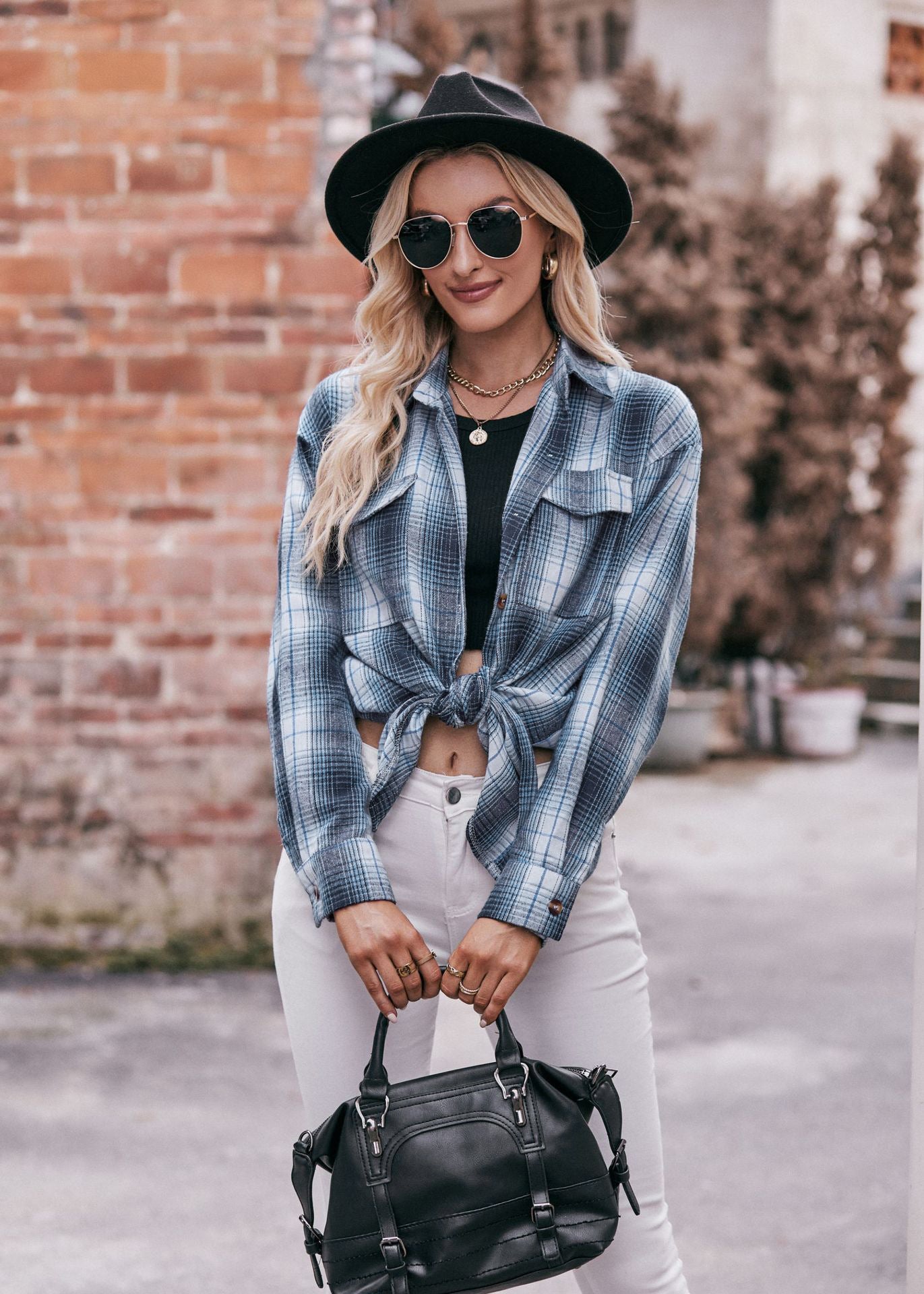 Women Oversize Loose Plaid Jacket with Pocket