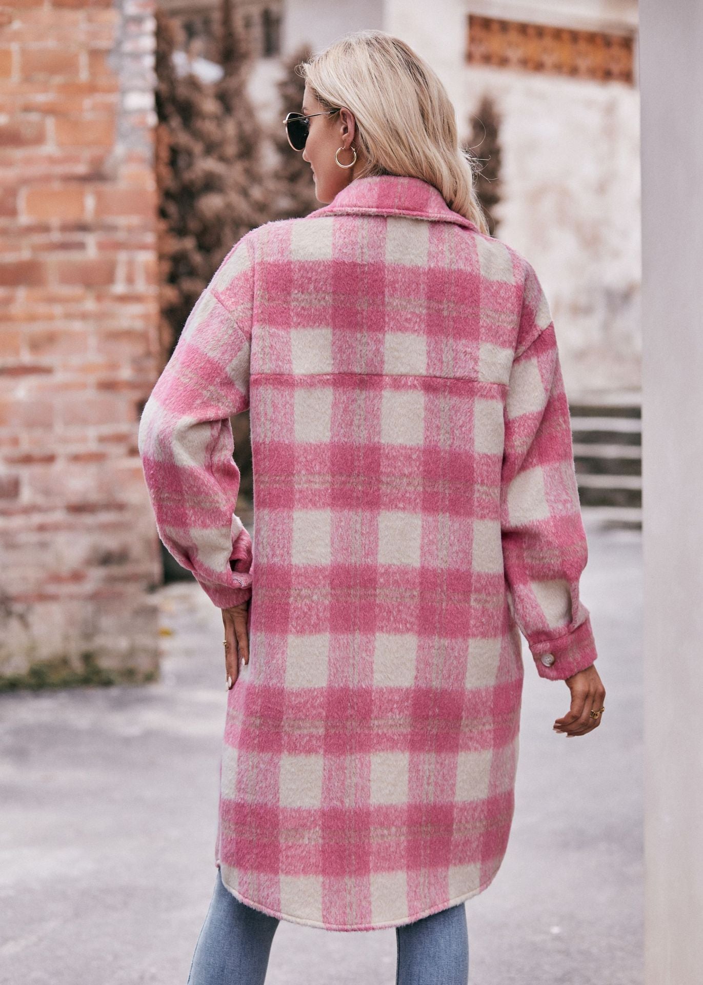 Women Plaid Hoodies Long Jacket Oversized with Pocket
