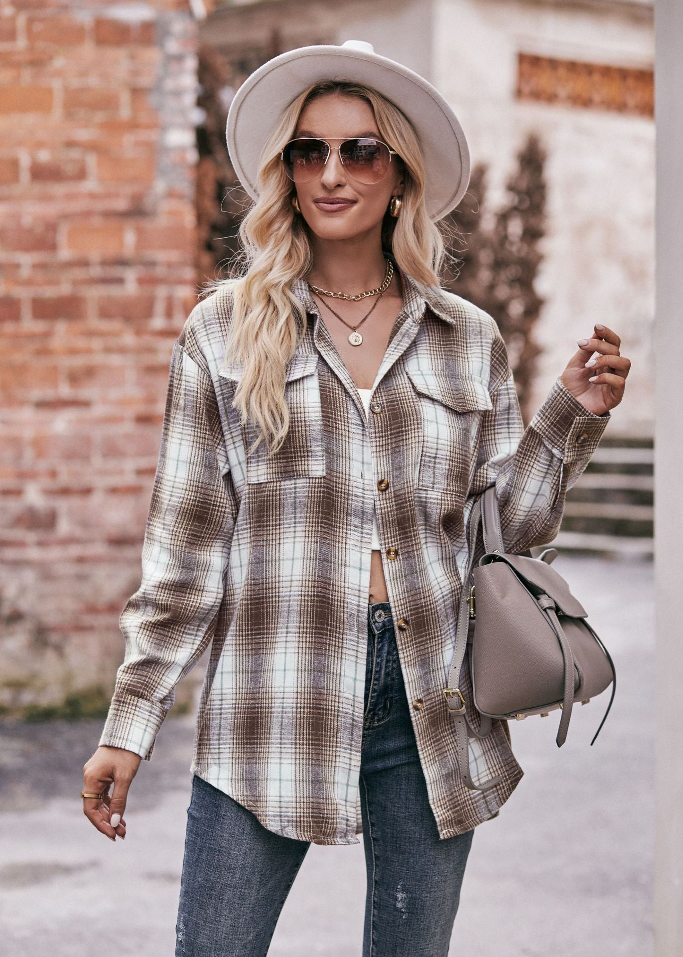 Women Oversize Loose Plaid Jacket with Pocket
