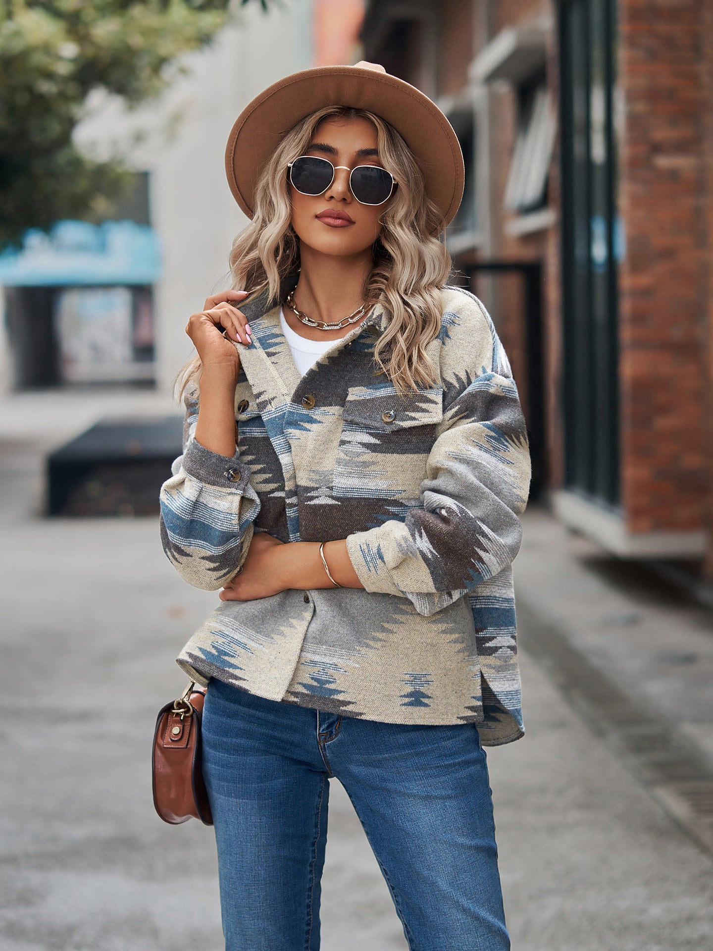 Casual Aztec Print Button Down Woolen Long Sleeve Jacket Coat