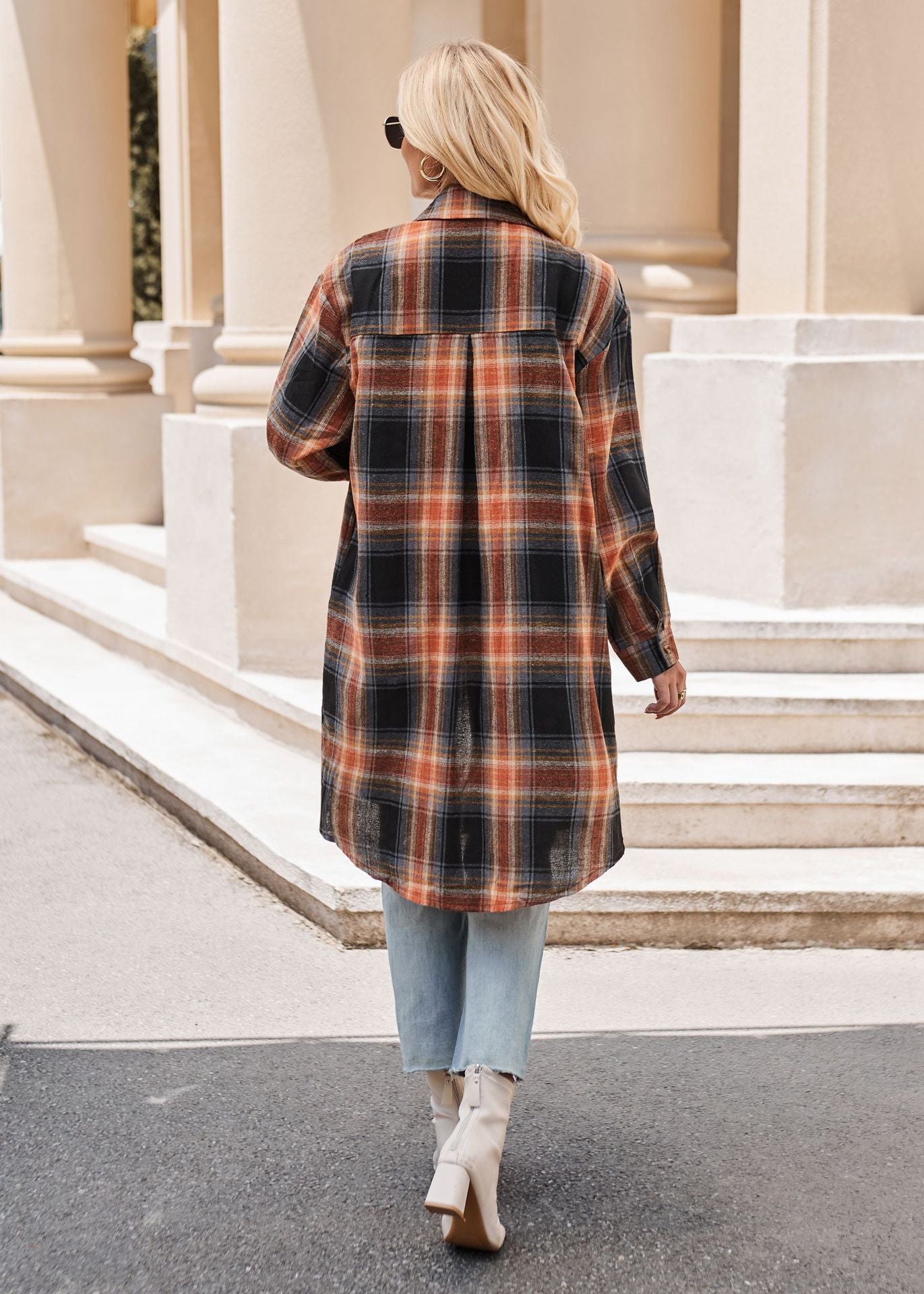 Women Long Trench Coat Plaid Jacket Oversized with Pocket