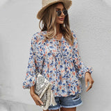 Womens Fall Fashion  Boho Tops Casual Frill Trim Mock Neck Shirts Puff Long Sleeve Blouse Floral Print Top