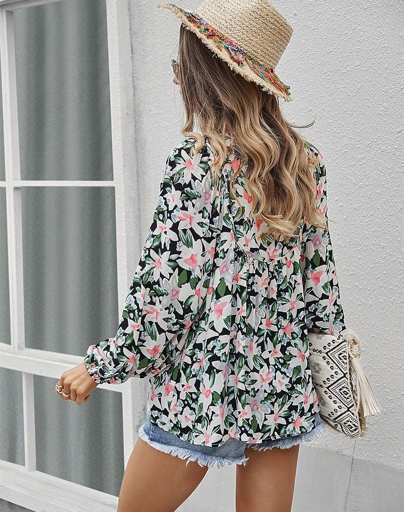 Womens Fall Fashion  Boho Tops Casual Frill Trim Mock Neck Shirts Puff Long Sleeve Blouse Floral Print Top