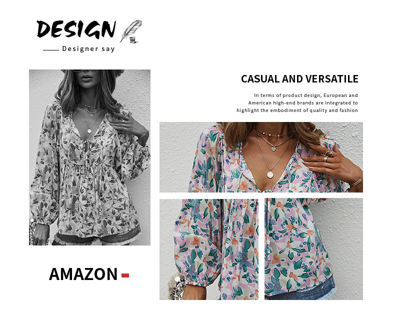 Womens Fall Fashion  Boho Tops Casual Frill Trim Mock Neck Shirts Puff Long Sleeve Blouse Floral Print Top