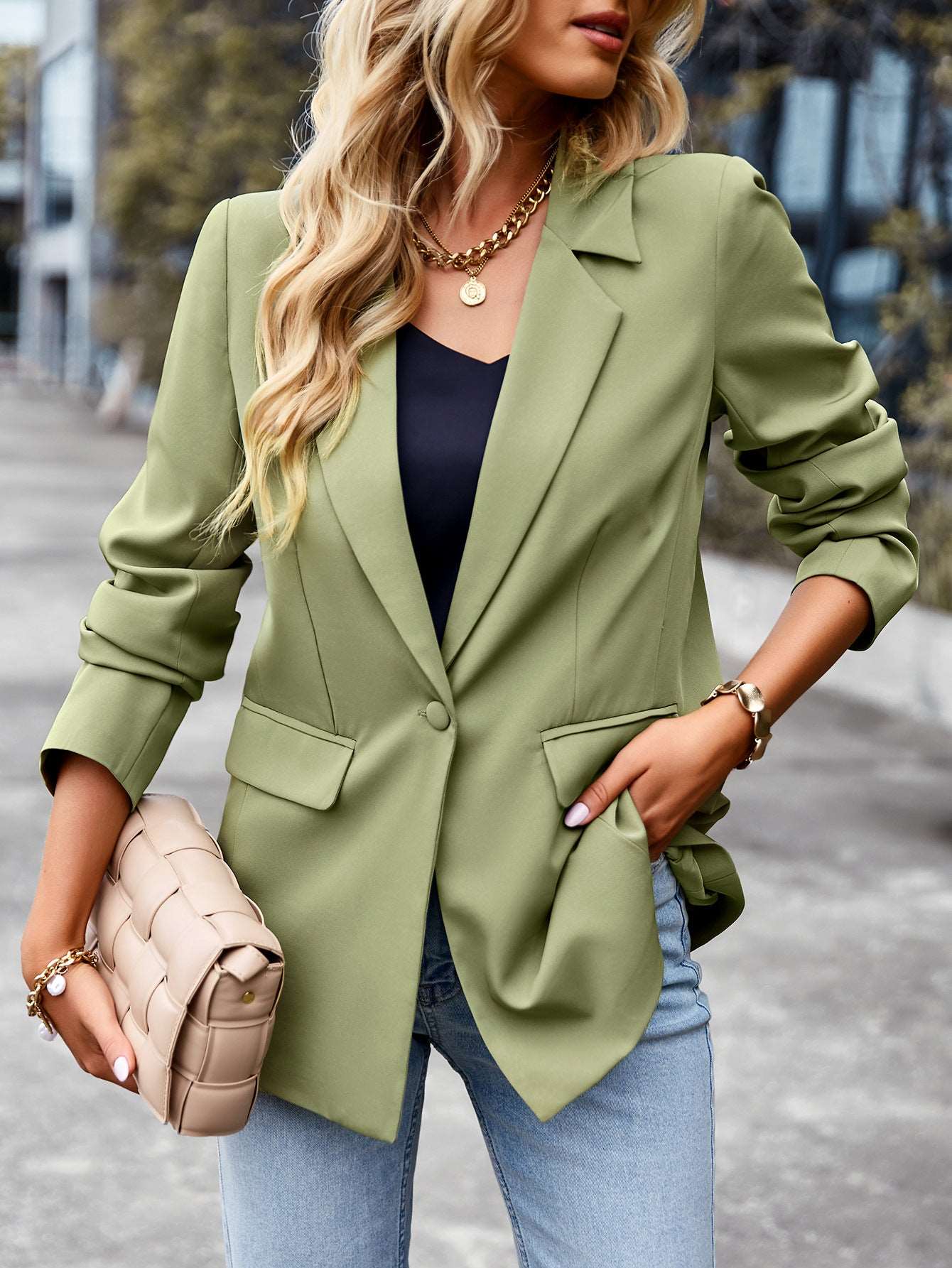 Women's casual suit outer sleeve buttons lapel jacket