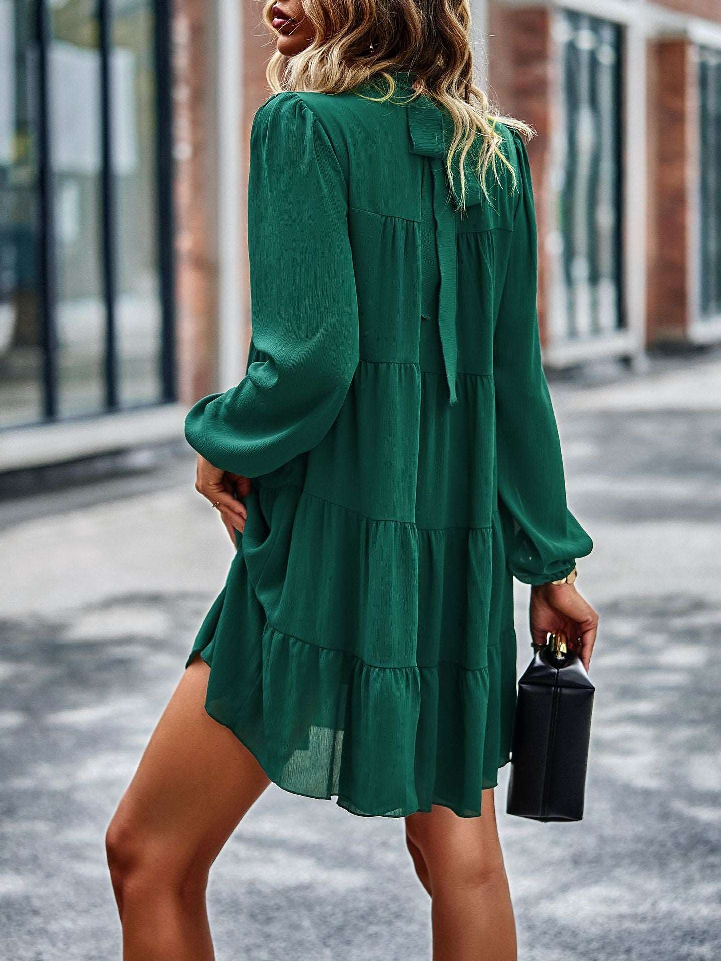 Womens Dress Long Lantern Sleeve Square Neck Tie Backless Sexy Dress Ruffle Elastic Waist A-Line Mini Dress