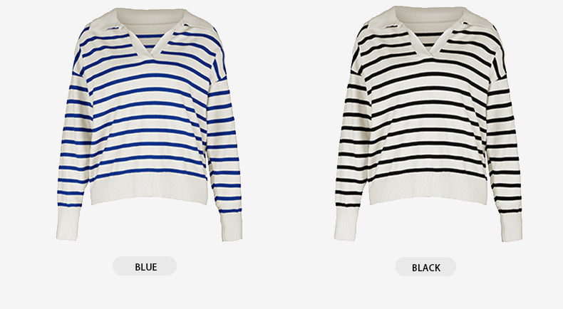 Women's knitted striped sweater lapel casual top