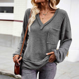 Women's Casual V Neck Ribbed Knitted Shirts Pullover Tunic Tops Loose Balloon Sleeve Solid Color Blouses Top