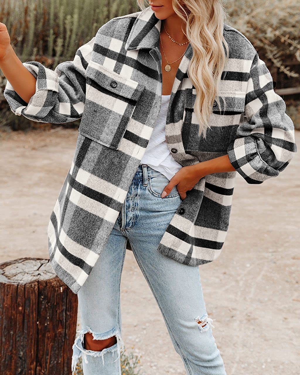 Women's Cross-border Plaid Button Flannel Tweed Shirt Jacket