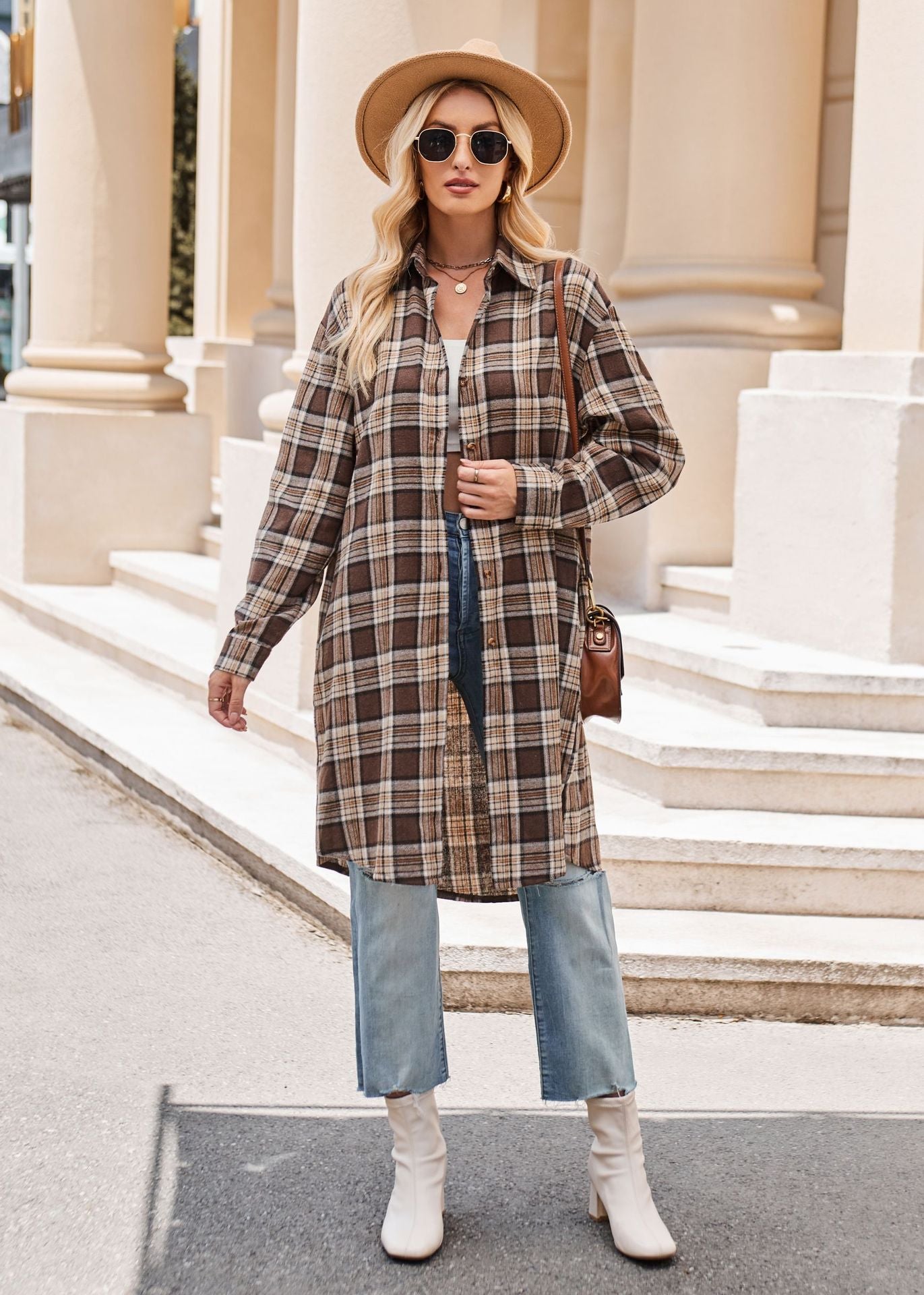 Women Long Trench Coat Plaid Jacket Oversized with Pocket