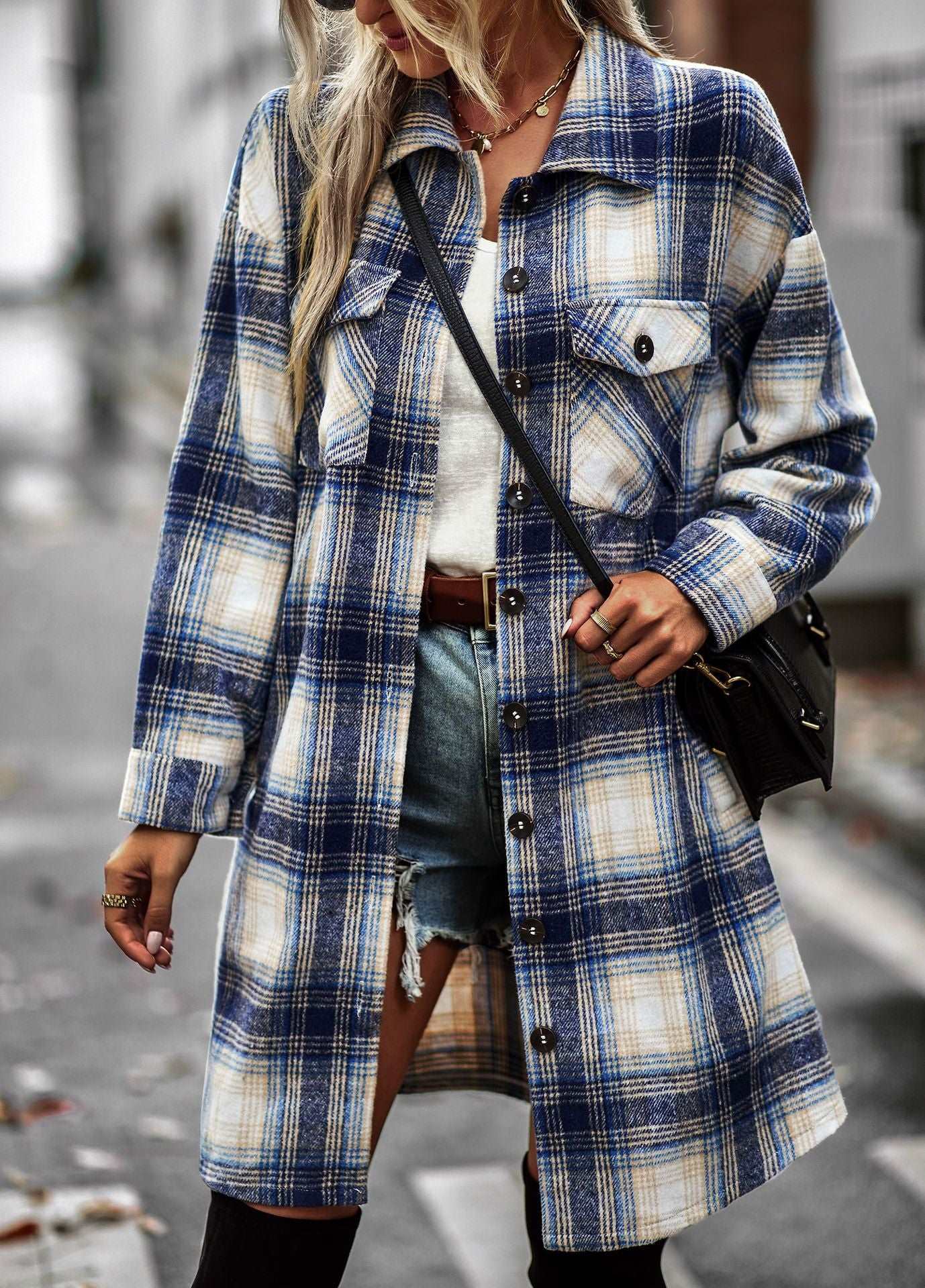 Women's Long Sleeve Button Down Jackets Plaid Flannel Shirts Tops Casual Lapel V Neck Oversized Shackets Blouses Top