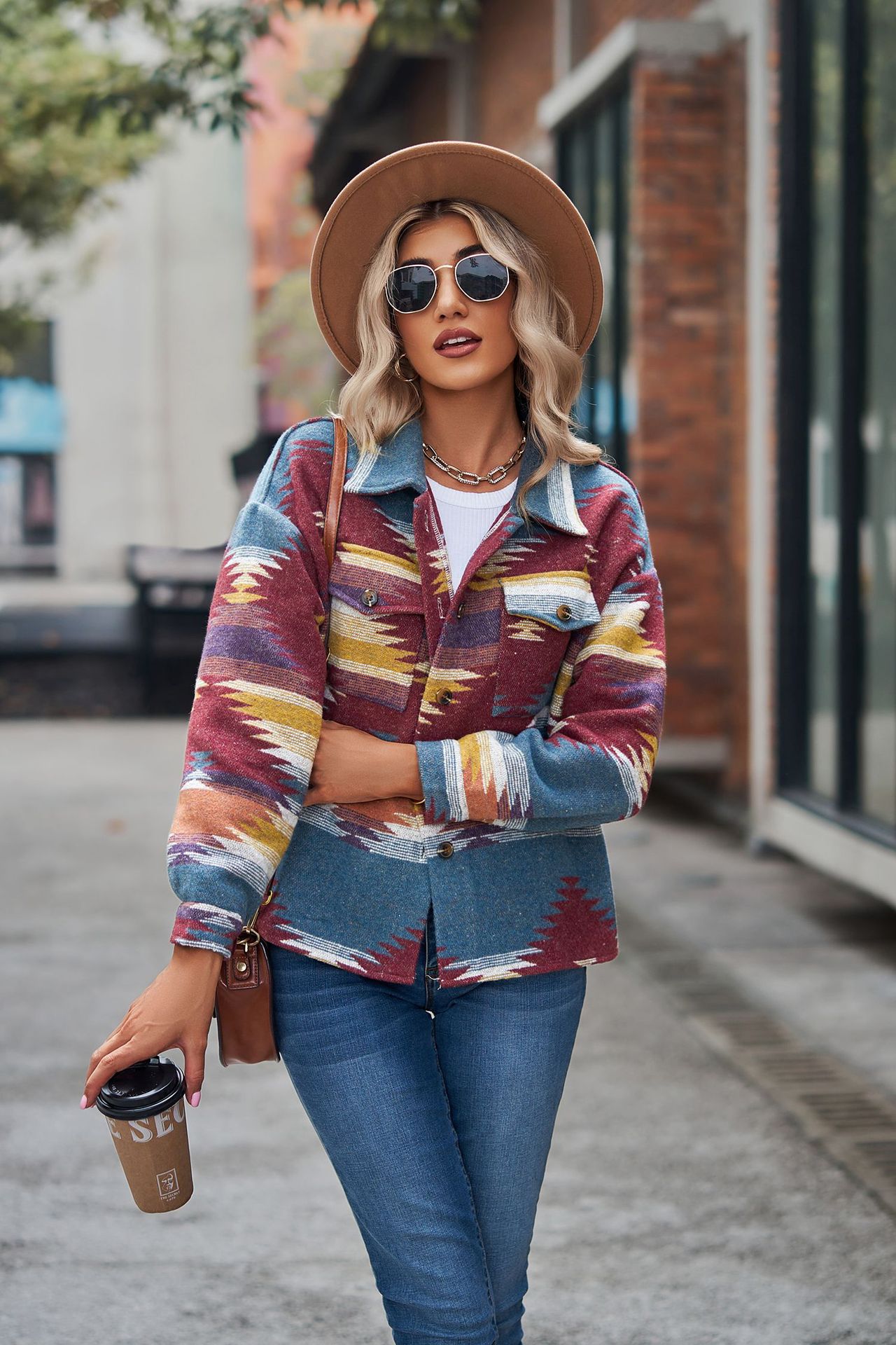 Casual Aztec Print Button Down Woolen Long Sleeve Jacket Coat