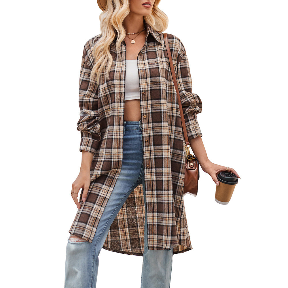Women Long Trench Coat Plaid Jacket Oversized with Pocket