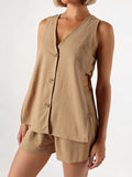Women 2 Piece Cotton Button Blazer Vest V Neck Sleeveless