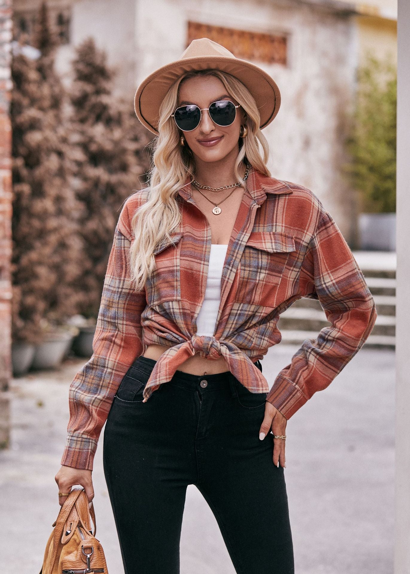Women Oversize Loose Plaid Jacket with Pocket