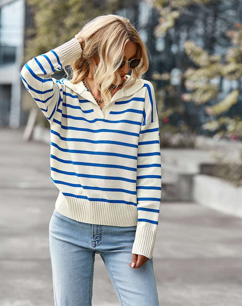 Women's knitted striped sweater lapel casual top