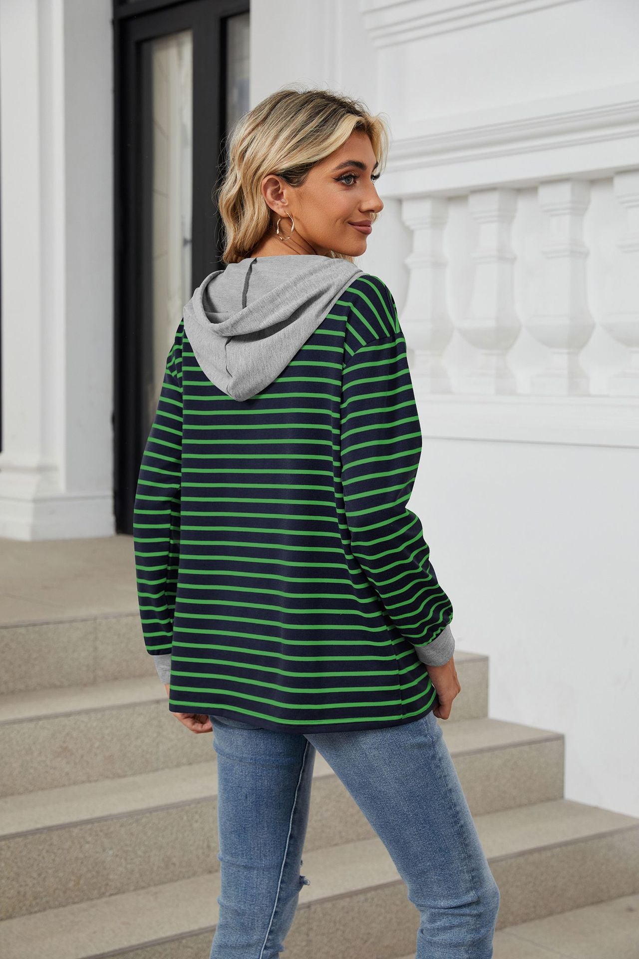 Womens Striped Hoodies Jumper Drawstring Tops