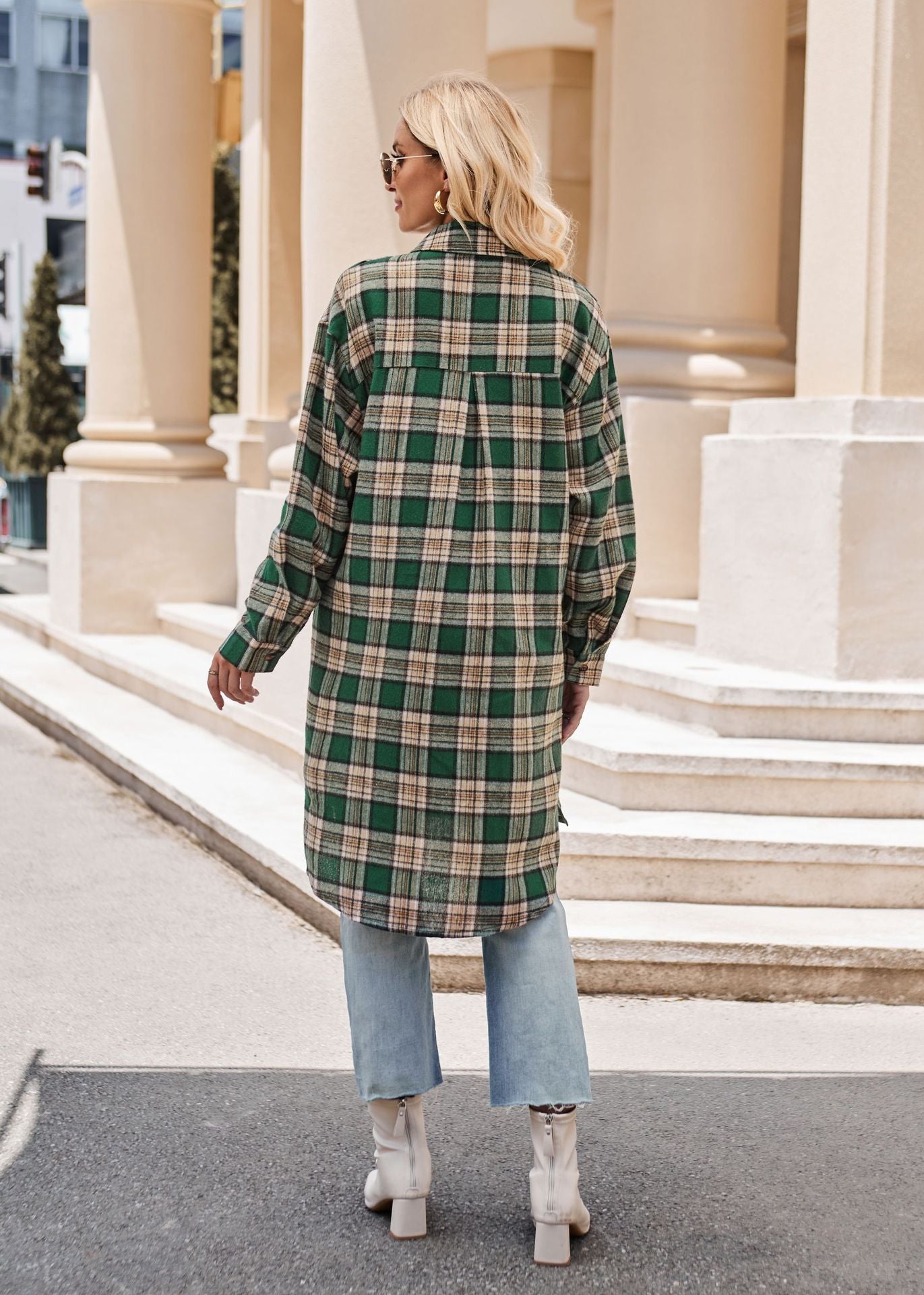 Women Long Trench Coat Plaid Jacket Oversized with Pocket