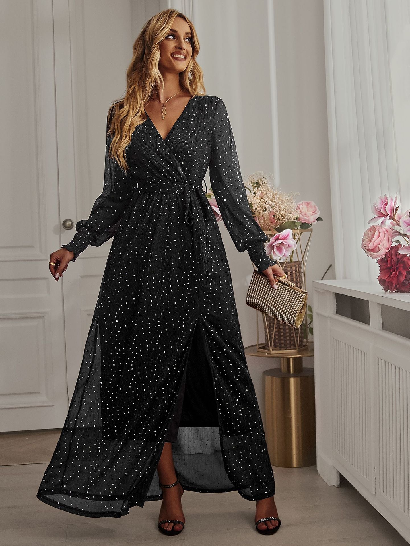 Women's Floral Print Chiffon Dress Long Sleeves
