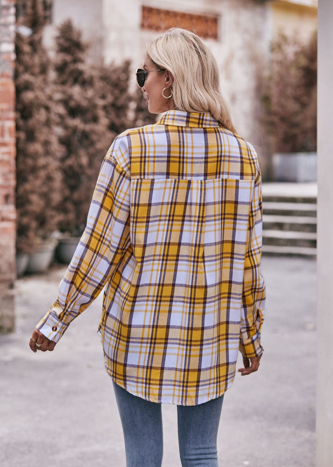Women Oversize Loose Plaid Jacket with Pocket