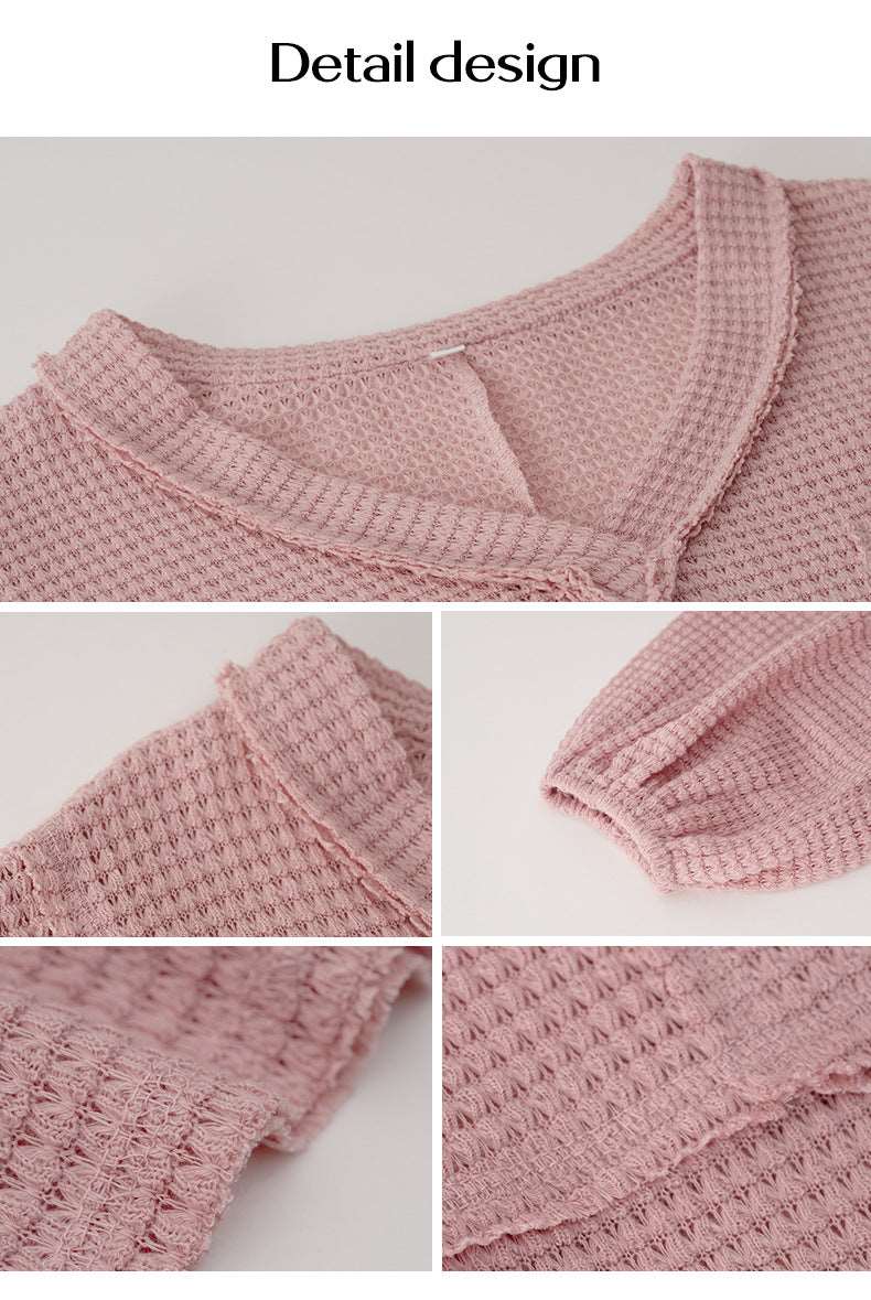 Women's Casual V Neck Ribbed Knitted Shirts Pullover Tunic Tops Loose Balloon Sleeve Solid Color Blouses Top