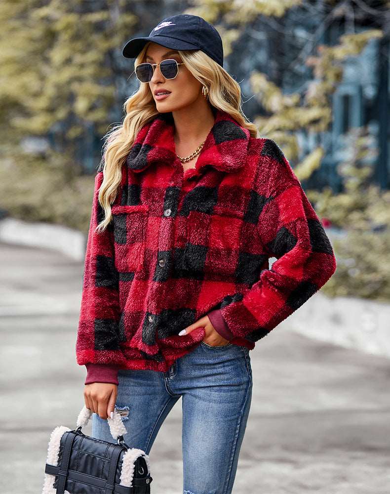 Womens Casual Plaid Shackets Brushed Flannel Button Down Pocketed Shirt Jacket Coats