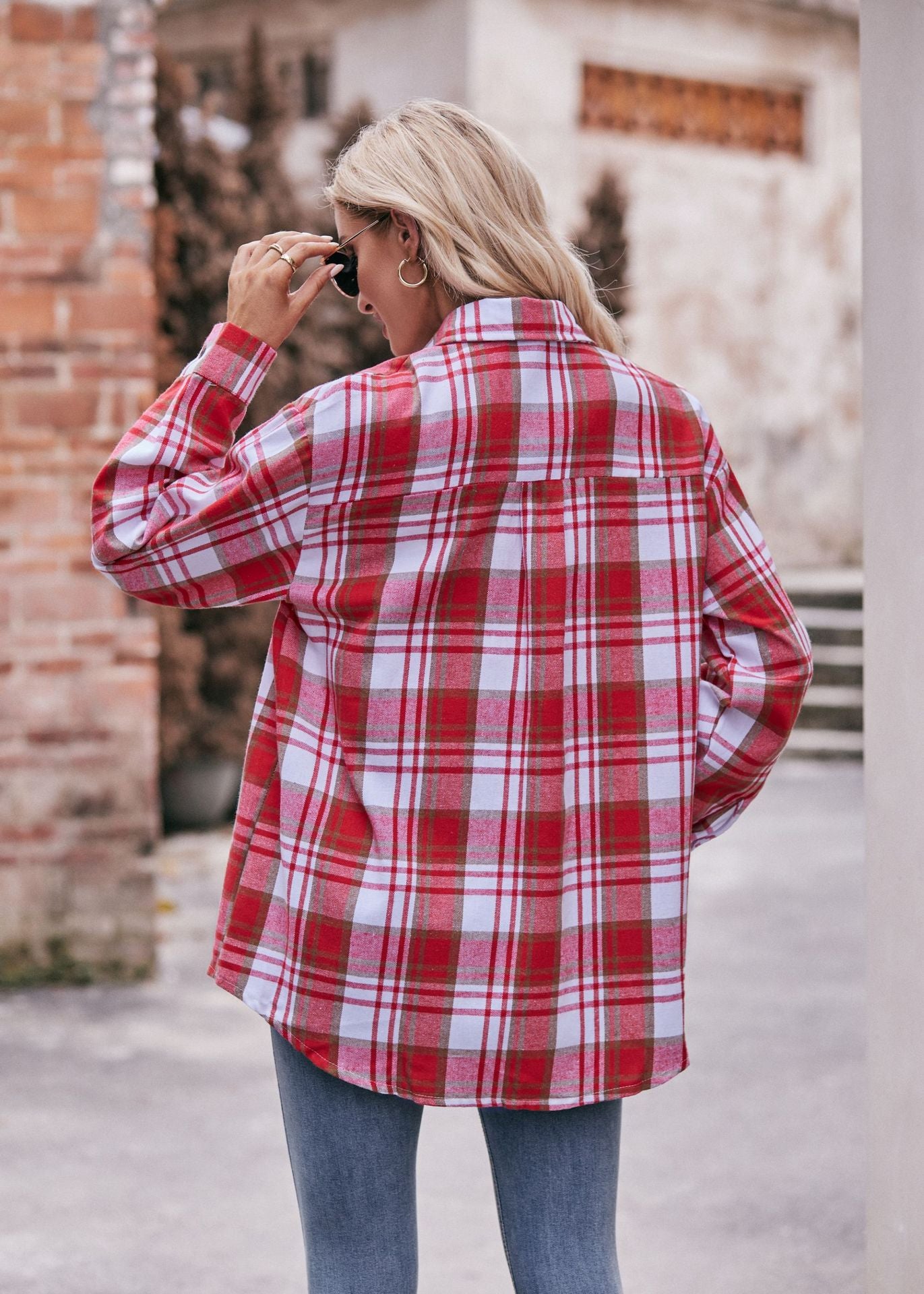 Women Oversize Loose Plaid Jacket with Pocket