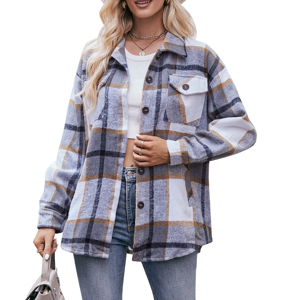 Women's Fall and Winter New Cross-border Women's Plaid Jacket Casual Loose Pocket Shirt