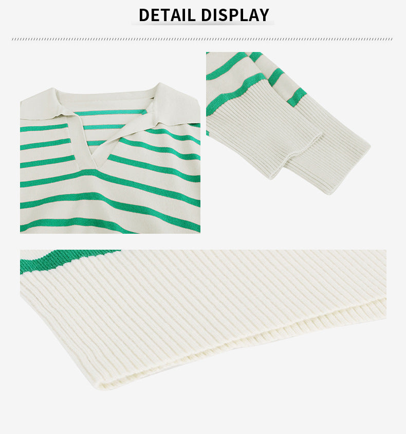 Women's knitted striped sweater lapel casual top