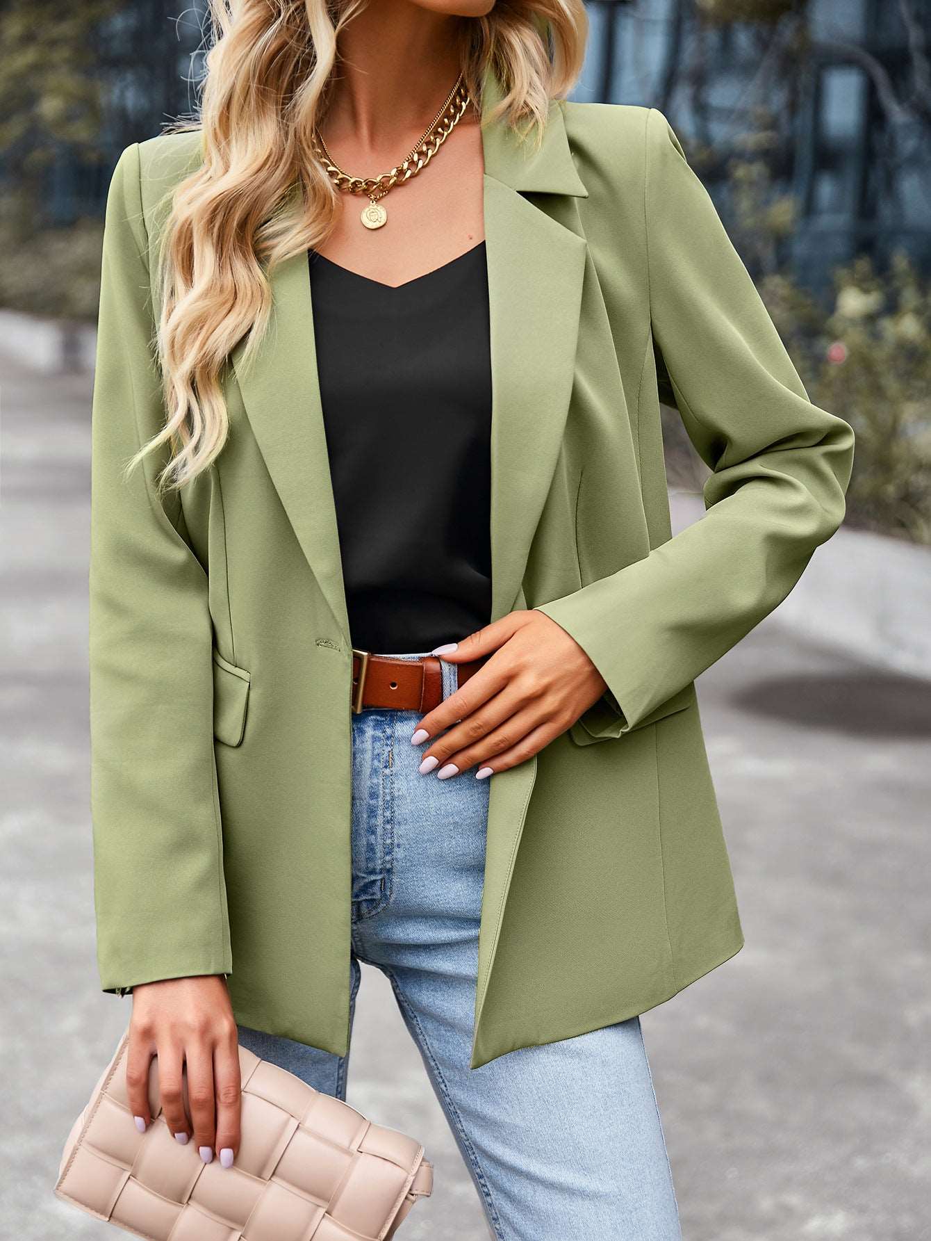 Women's casual suit outer sleeve buttons lapel jacket