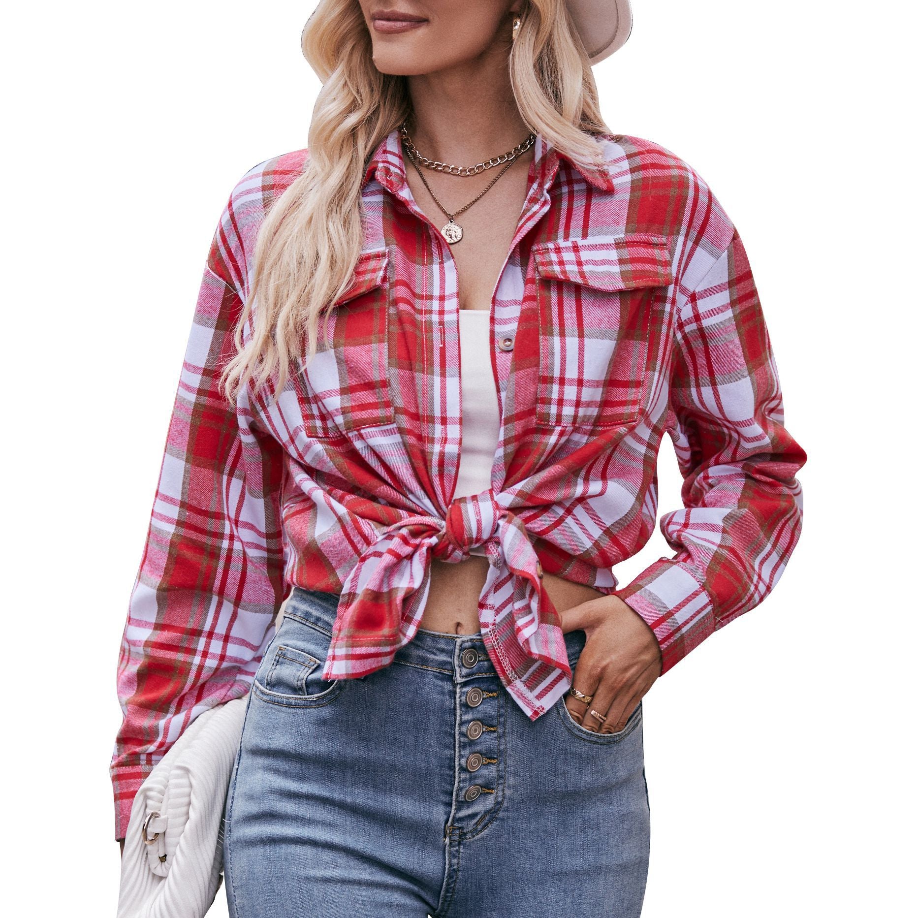 Women Oversize Loose Plaid Jacket with Pocket