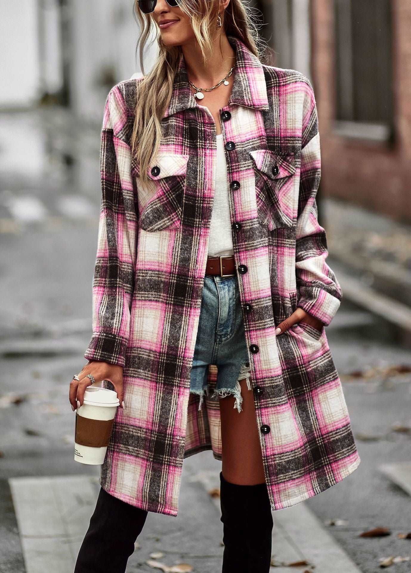 Women's Long Sleeve Button Down Jackets Plaid Flannel Shirts Tops Casual Lapel V Neck Oversized Shackets Blouses Top