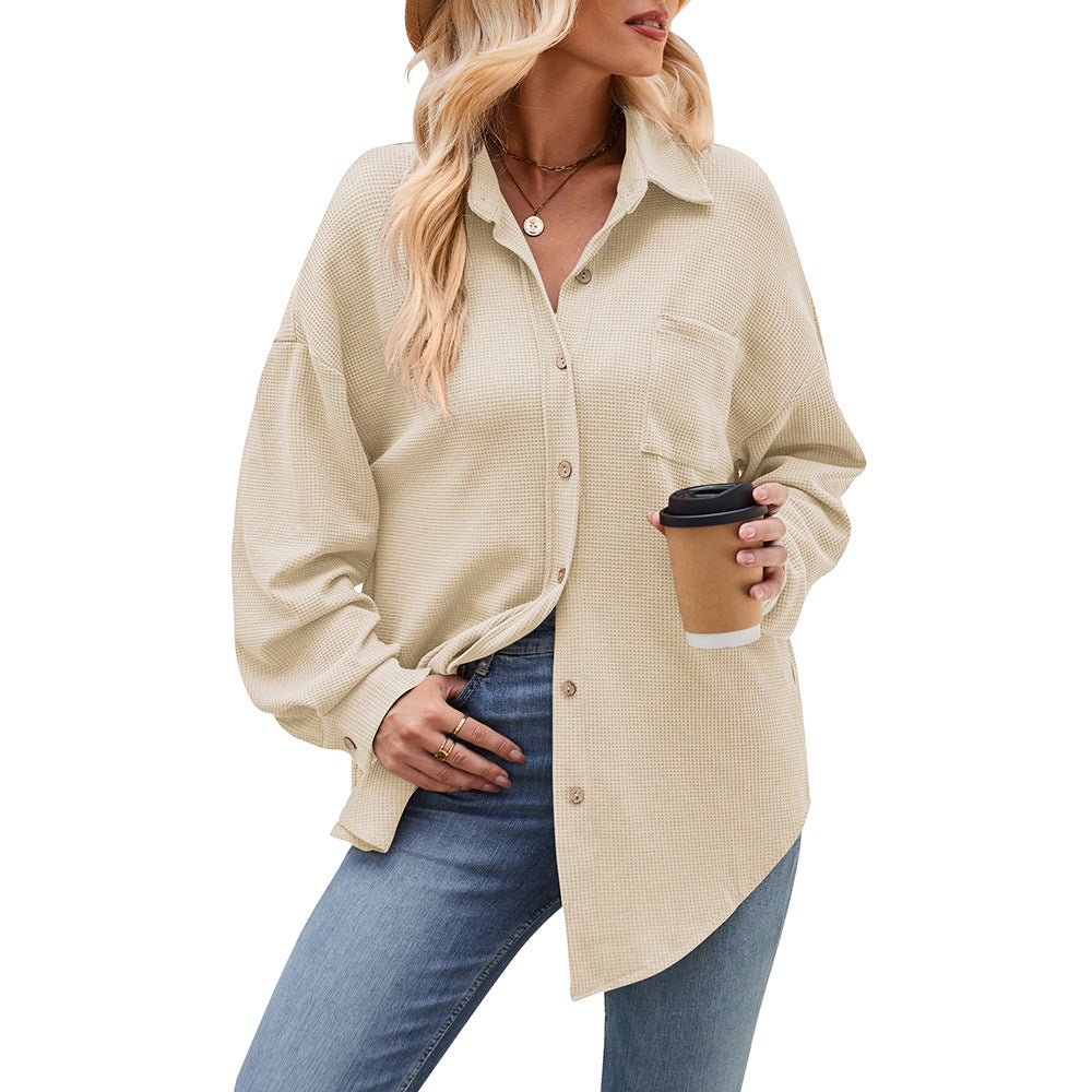 Women's Cross border Casual Loose Pocket Waffle Fashion Shirt Jacket Oversized